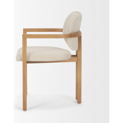 Carlisle Fabric Dining Armchair by Mercana in cream, brown. Made from solid wood in a transitional style.