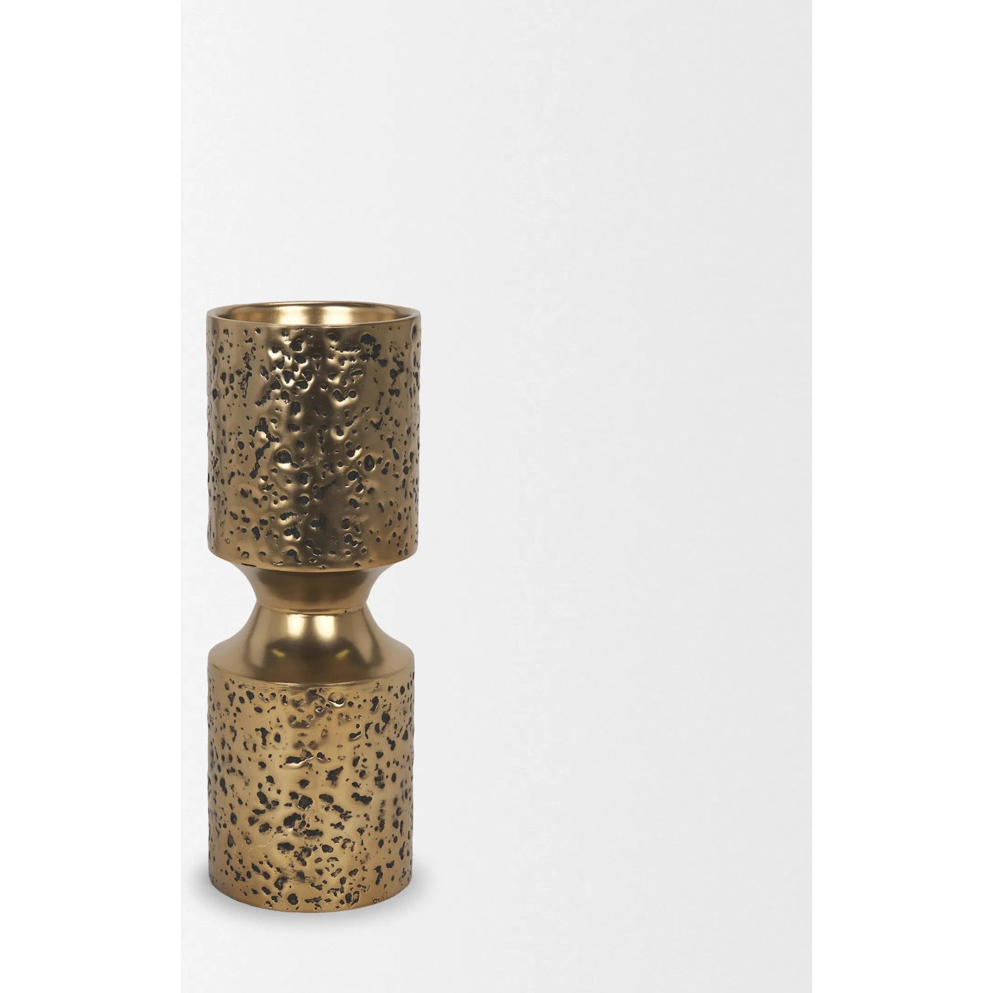 Akira Hammered Gold Pillar Candle Holder by Mercana in antiqued gold. Made from metal in a rustic style.