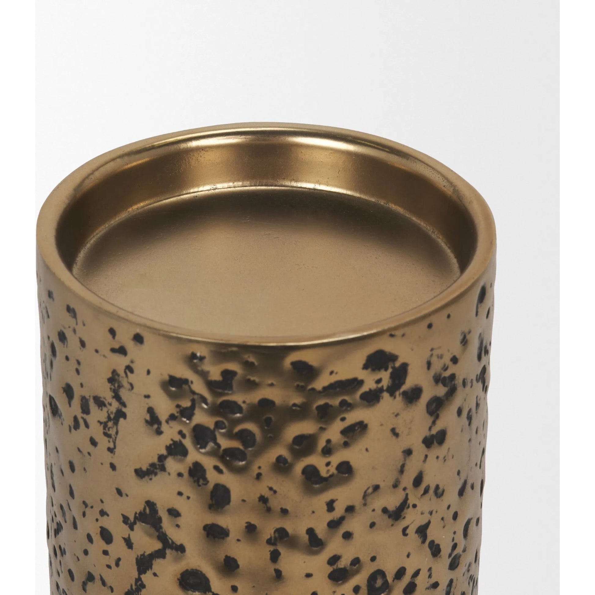 Akira Hammered Gold Pillar Candle Holder by Mercana in antiqued gold. Made from metal in a rustic style.