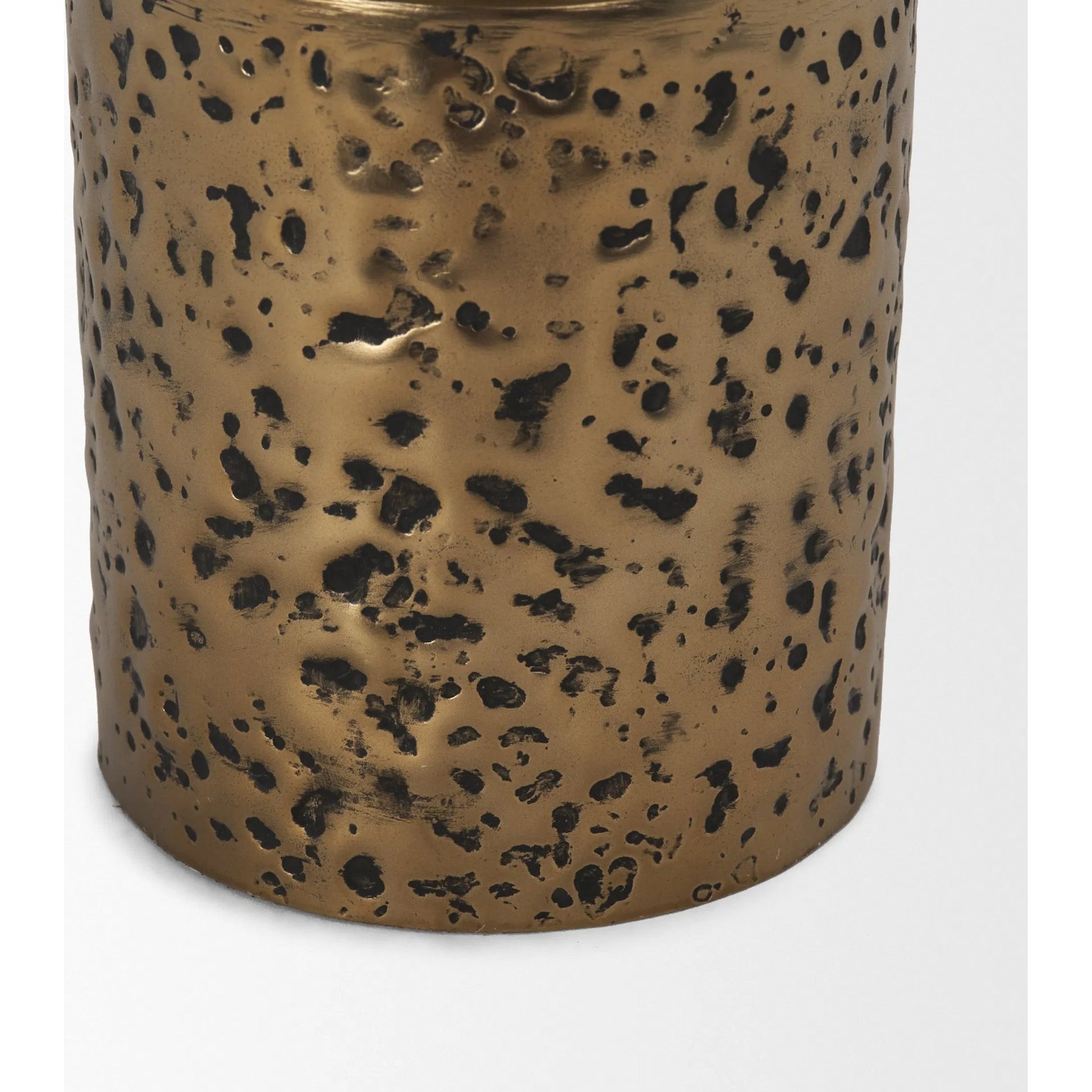 Akira Hammered Gold Pillar Candle Holder by Mercana in antiqued gold. Made from metal in a rustic style.