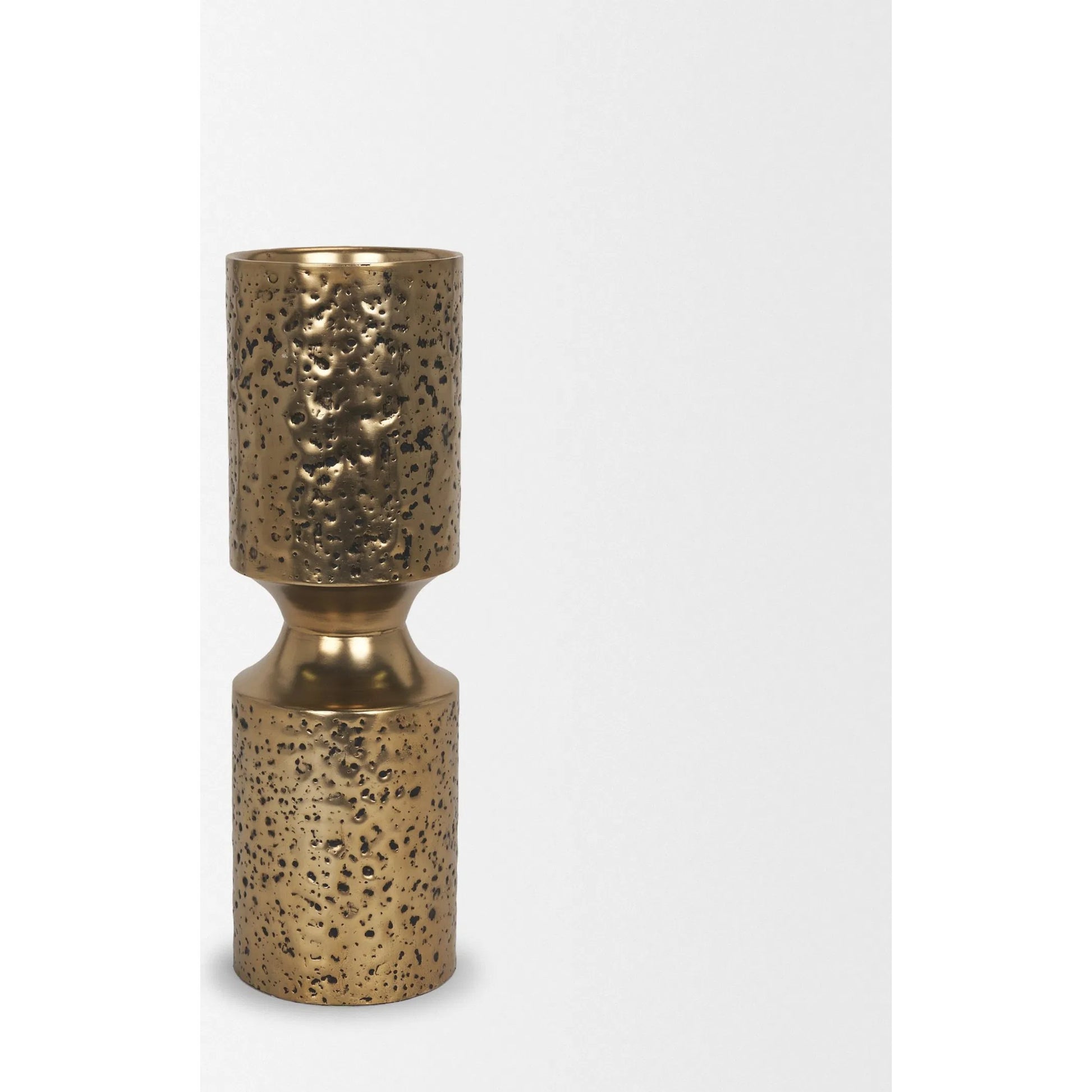 Akira Hammered Gold Pillar Candle Holder by Mercana in antiqued gold. Made from metal in a rustic style.