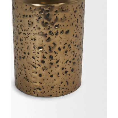 Akira Hammered Gold Pillar Candle Holder by Mercana in antiqued gold. Made from metal in a rustic style.