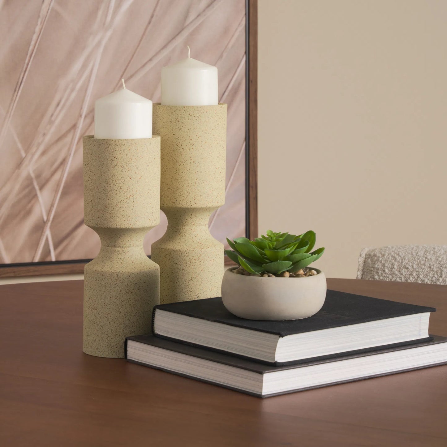 008 SI-2453165 | Lifestyle | Akira Textured Pillar Candle Holder by Mercana in beige. Made from metal in a transitional style.