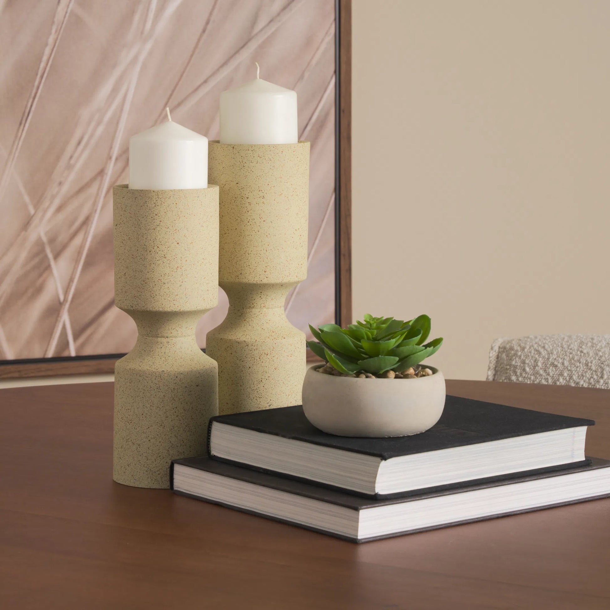 Akira Textured Pillar Candle Holder by Mercana in beige. Made from metal in a transitional style.