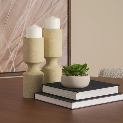 Akira Textured Pillar Candle Holder by Mercana in beige. Made from metal in a transitional style.