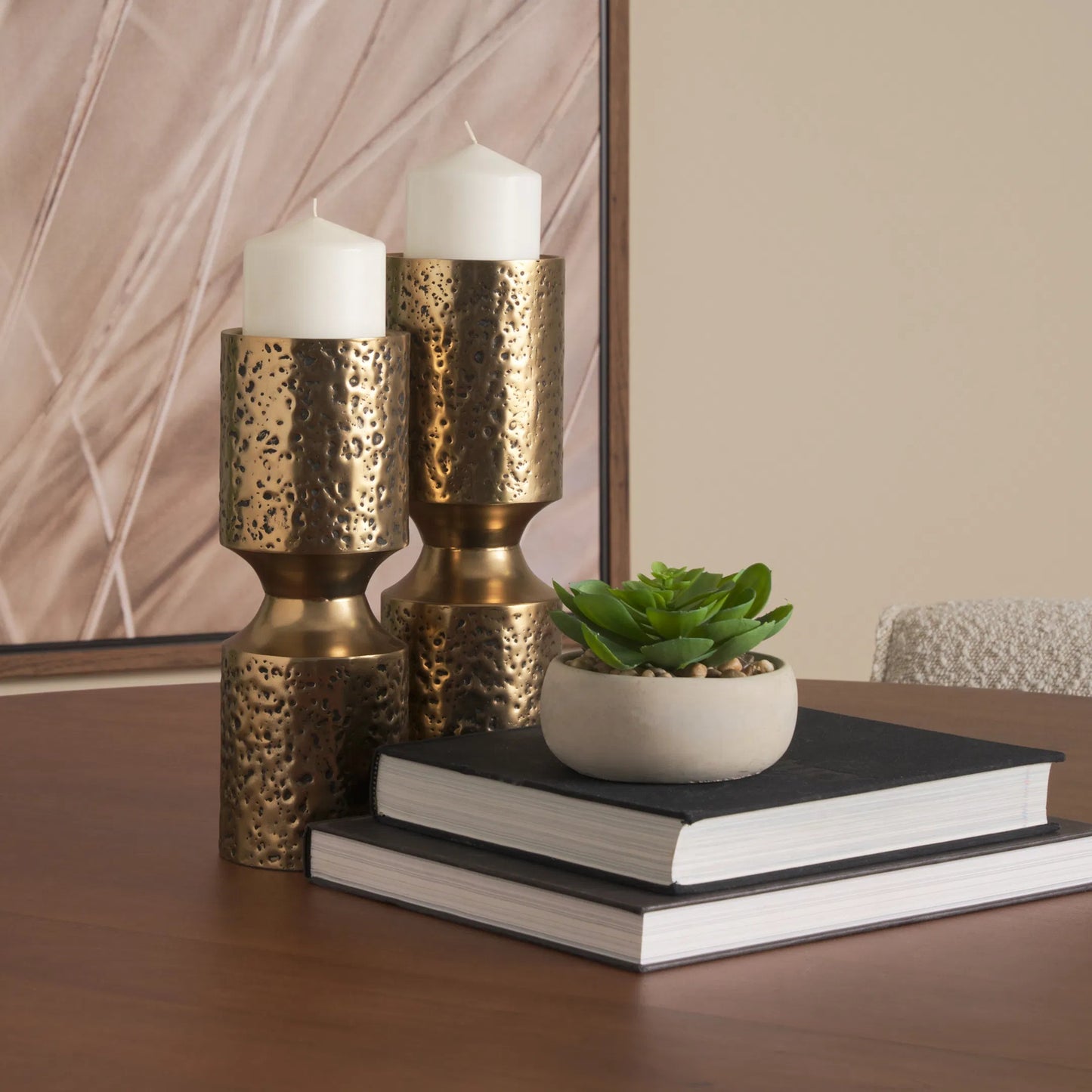007 SI-2453163 | Lifestyle | Akira Hammered Gold Pillar Candle Holder by Mercana in antiqued gold. Made from metal in a rustic style.