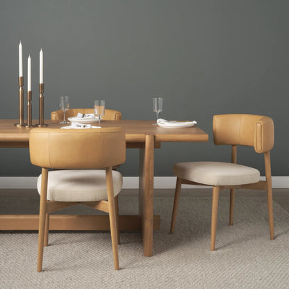 Motley Curve Leather Dining Chair (Set of 2) by Mercana in cream, brown. Made from solid wood in a transitional style.