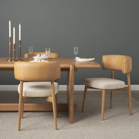 Motley Curve Leather Dining Chair (Set of 2) by Mercana in cream, brown. Made from solid wood in a unique style.