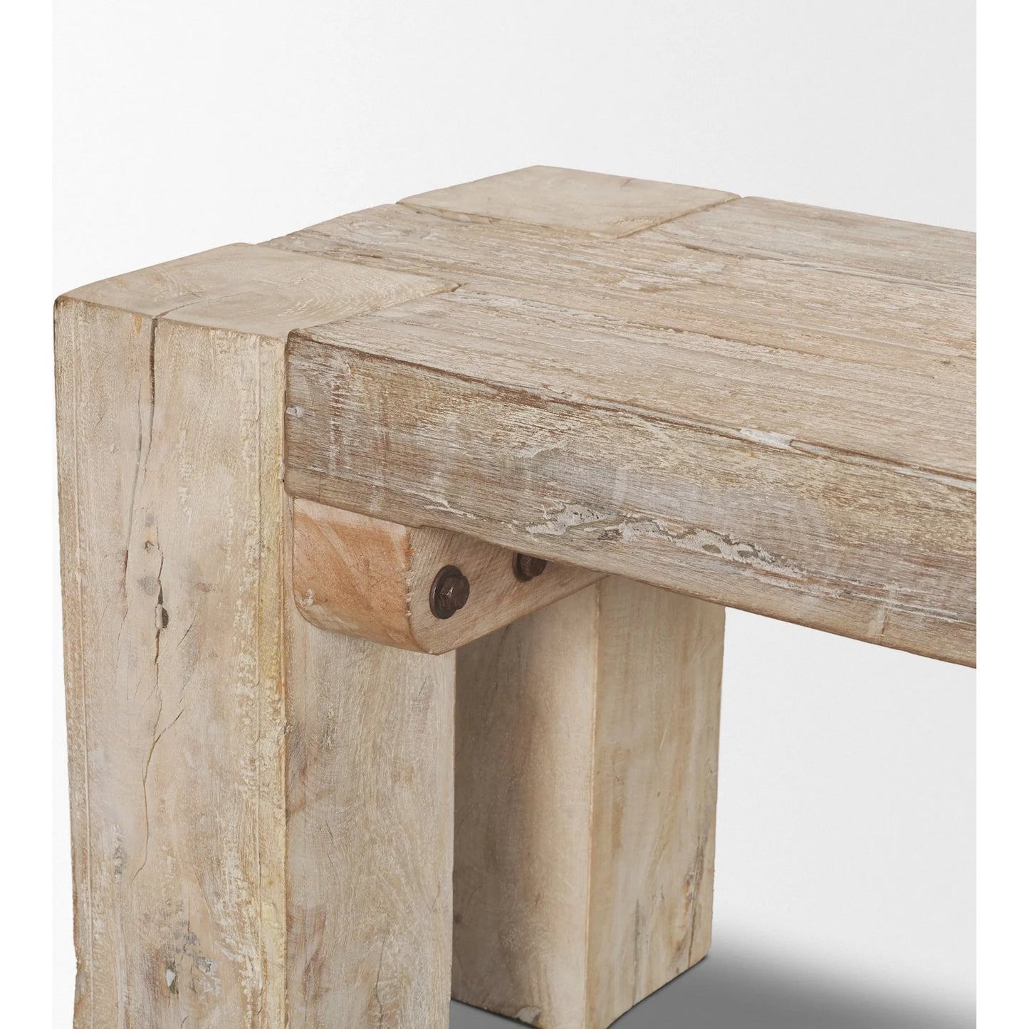 005 SI-2453269 | Closeup | McArthur Bench by Mercana in whitewash. Made from solid wood in a cottage & farmhouse style.