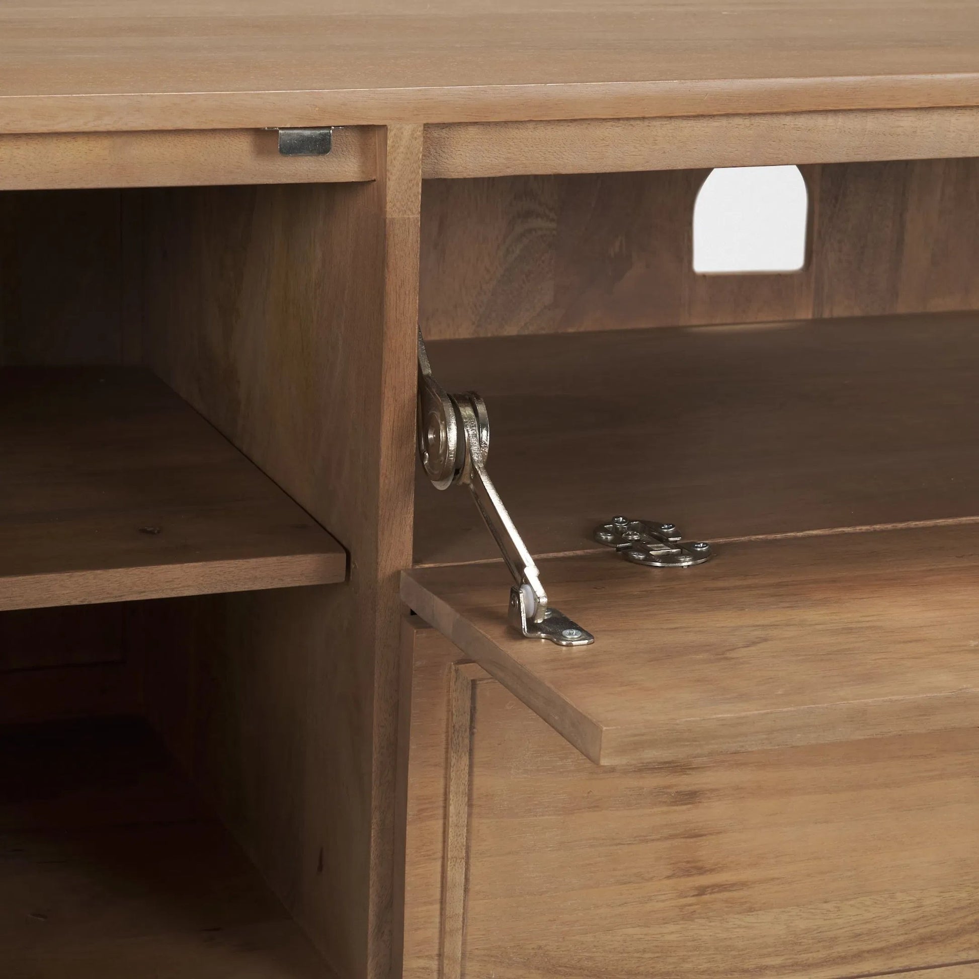 Phil Media Console by Mercana in light brown. Made from solid wood in a unique style.