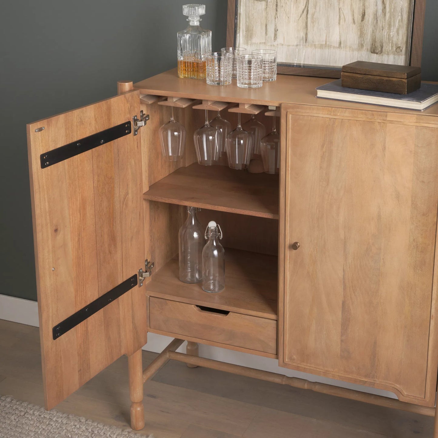 012 SI-2527761 | Lifestyle | Phil Bar Cabinet by Mercana in light brown. Made from solid wood in a unique style.