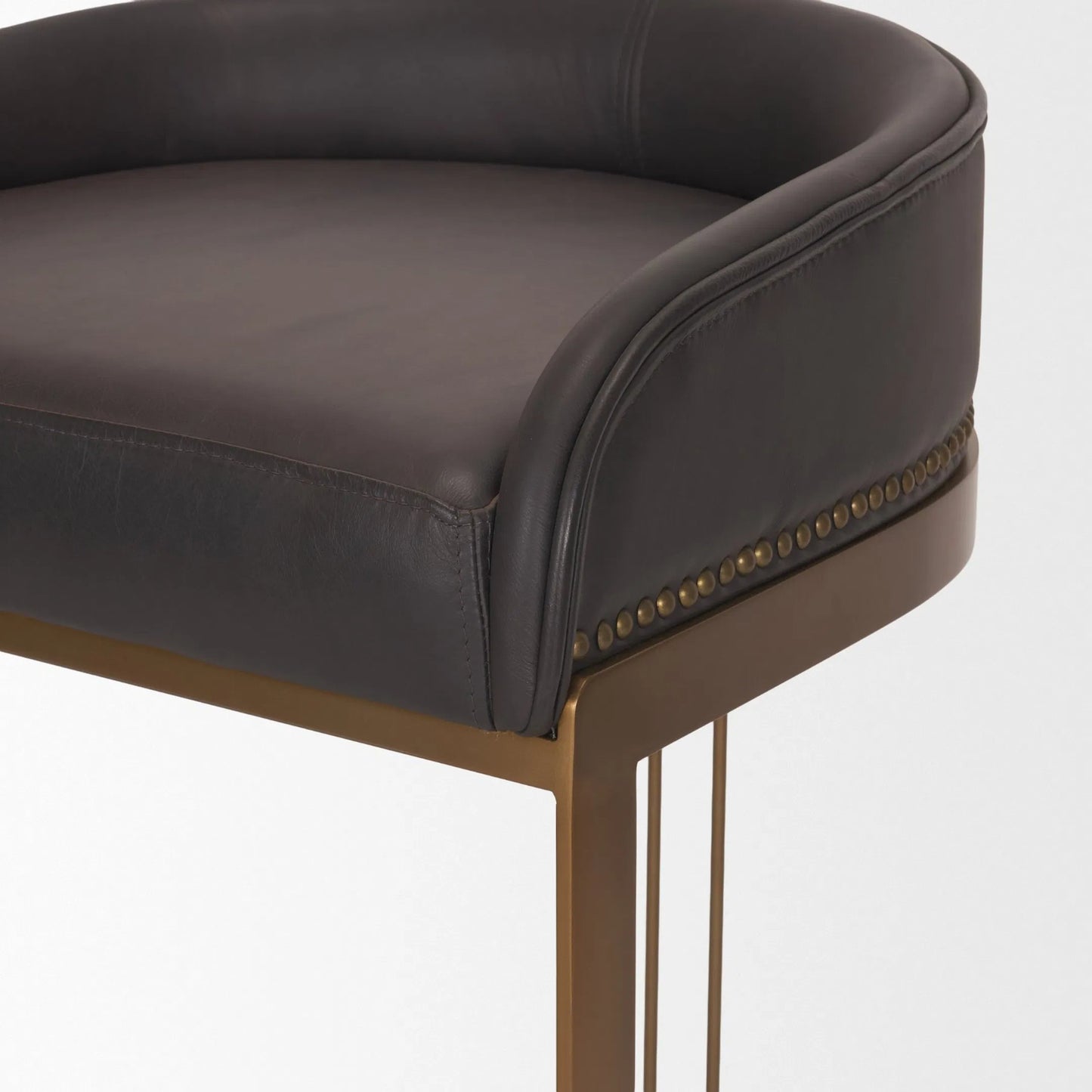 006 SI-2540753 | Closeup | Hollyfield Leather Bar Stool by Mercana in dark brown. Made from metal in a unique style.