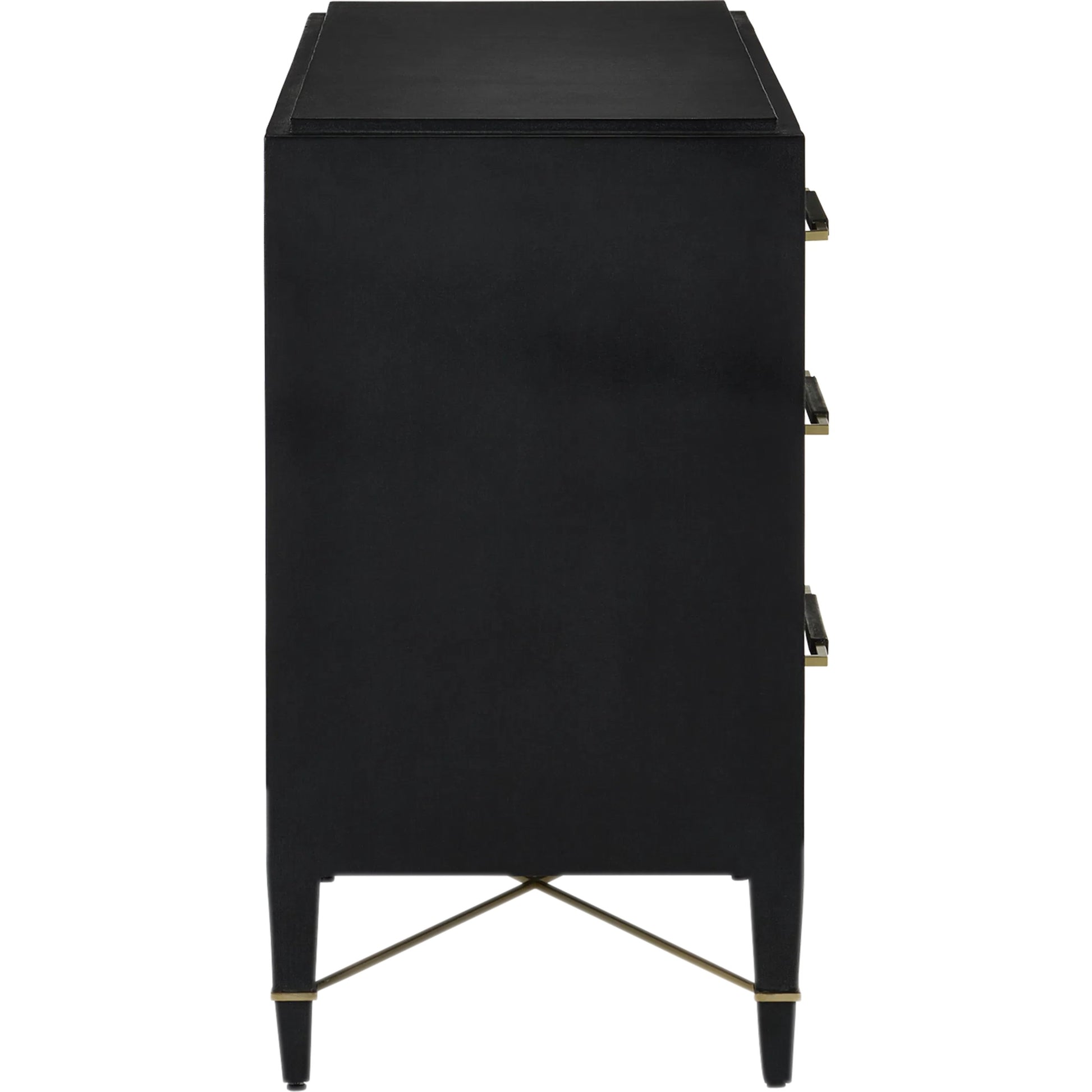 Verona Six-Drawer Chest by Currey and Company in black, natural, champagne, silver. Made from lacquered linen, mahogany, engineered wood, metal, faux velvet in a modern style.