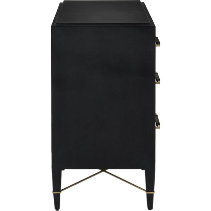 Verona Six-Drawer Chest by Currey and Company in black, natural, champagne, silver. Made from lacquered linen, mahogany, engineered wood, metal, faux velvet in a modern style.