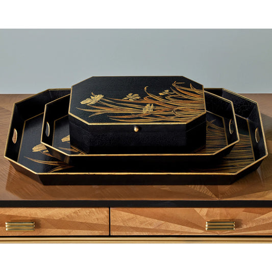 Glasshouse Tole Box by Currey and Company in black, gold. Made from wood in a traditional style.