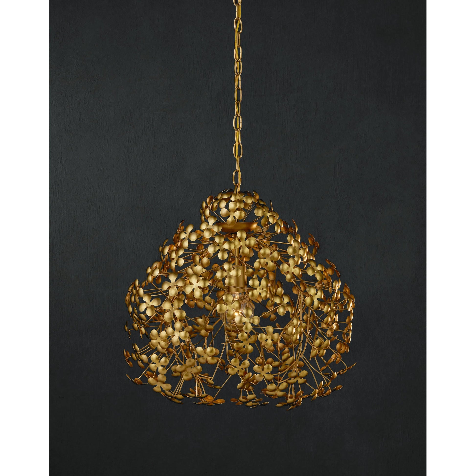 Cloverfield Pendant by Currey and Company in contemporary gold leaf. Made from wrought iron in a modern style.