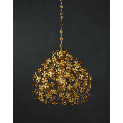 Cloverfield Pendant by Currey and Company in contemporary gold leaf. Made from wrought iron in a modern style.