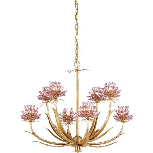 Marilee Chandelier by Currey and Company in pink, dutch gold leaf. Made from crystal, wrought iron in a unique style.