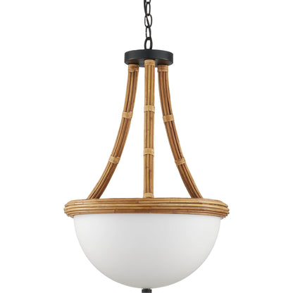 Morningside Semi-Flush Mount by Currey and Company in natural, frosted white, satin black. Made from rattan, glass, wrought iron in a cottage & farmhouse style.