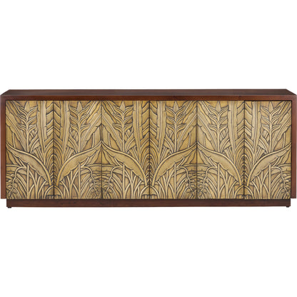 Jardin Credenza by Currey and Company in walnut, antique brass. Made from teak wood, brass in a traditional style.