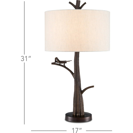 Grasshopper Table Lamp by Currey and Company in bronze. Made from aluminum, wrought iron in a eclectic & global style.