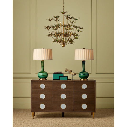 Hortensia Chandelier by Currey and Company in contemporary gold leaf, contemporary gold, contemporary silver leaf. Made from wrought iron in a modern style.