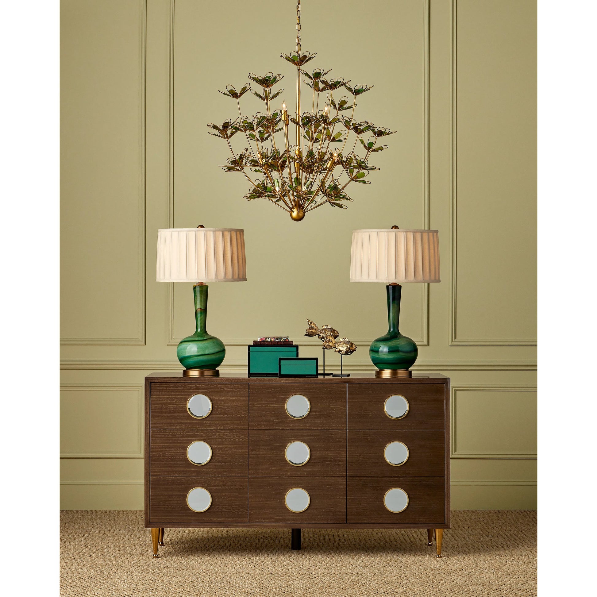 Hortensia Chandelier by Currey and Company in contemporary gold leaf, contemporary gold, contemporary silver leaf. Made from wrought iron in a modern style.