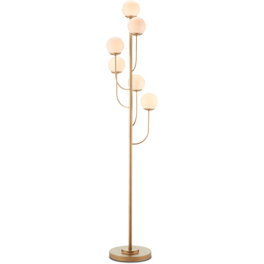 Farnsworth Floor Lamp by Currey and Company in brass. Made from wrought iron, glass in a modern style.