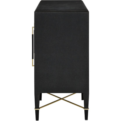Verona Sideboard by Currey and Company in black lacquered linen, champagne stretchers, linen wrapped cha. Made from solid wood, engineered hardwood in a transitional style.
