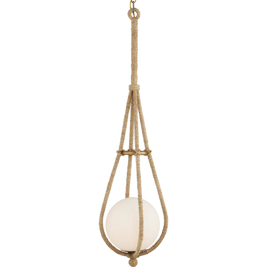 Passageway Rope Pendant by Currey and Company in natural, dorado gold, frosted white. Made from abaca rope, wrought iron, glass in a coastal style.