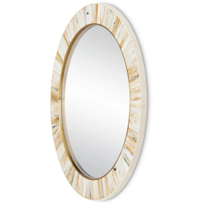 Niva Round Wall Mirror by Currey and Company in cream, brass, mirror. Made from composite, brass, glass, engineered hardwood in a modern style.