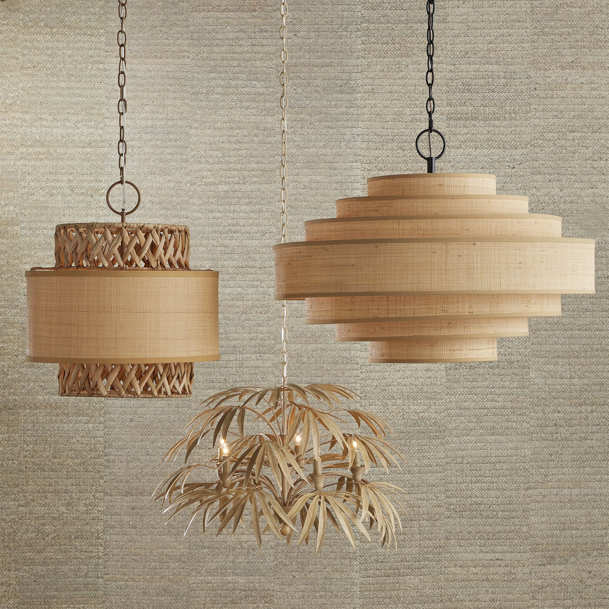 Calliope Chandelier by Currey and Company in coco cream. Made from wrought iron in a modern style.