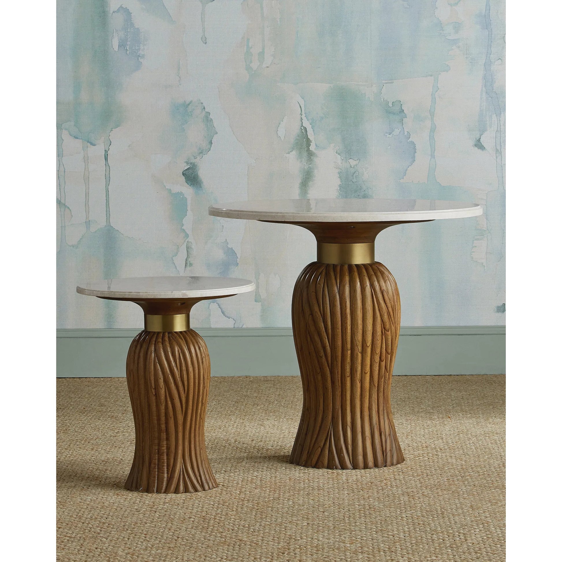 Tassel Accent Table by Currey and Company in morel brown, natural, brushed brass. Made from mindi wood, crema marfil marble, brass in a traditional style.