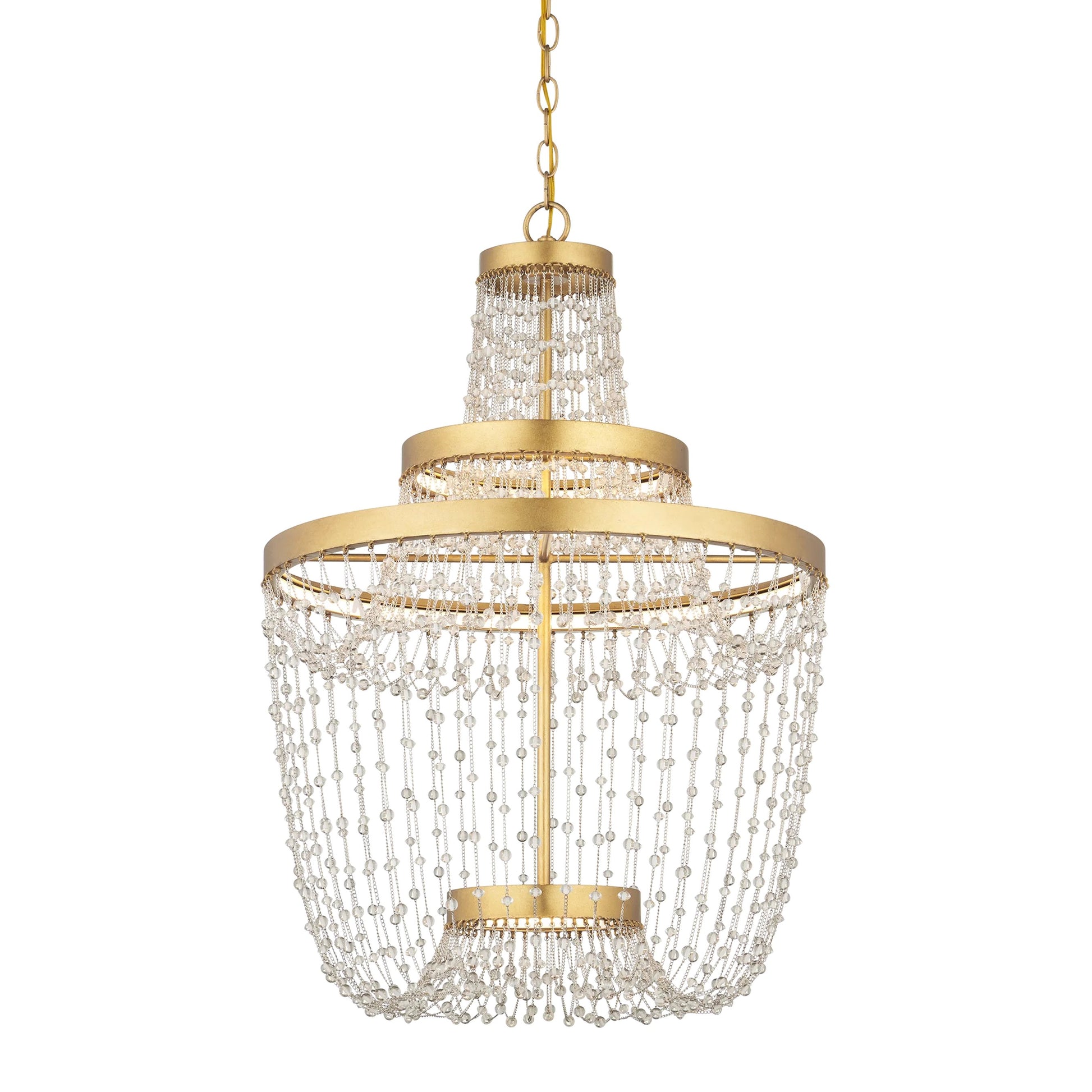 Mademoiselle Chandelier by Currey and Company in contemporary gold leaf, contemporary gold, clear. Made from glass beads, wrought iron in a unique style.
