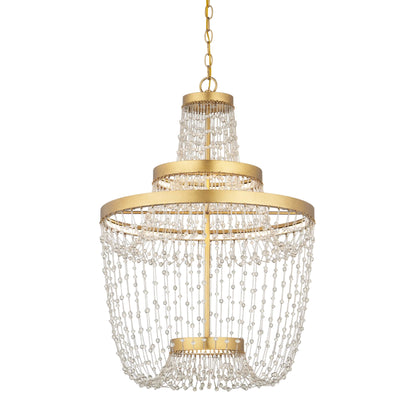 Mademoiselle Chandelier by Currey and Company in contemporary gold leaf, contemporary gold, clear. Made from glass beads, wrought iron in a unique style.