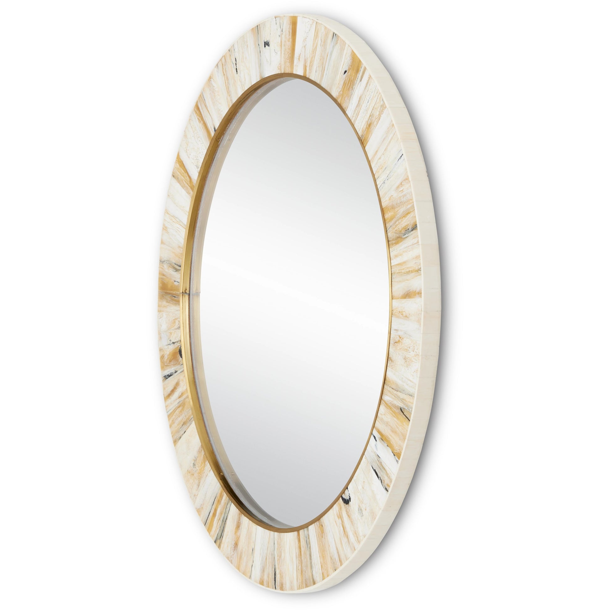 Niva Round Wall Mirror by Currey and Company in cream, brass, mirror. Made from composite, brass, glass, engineered hardwood in a modern style.