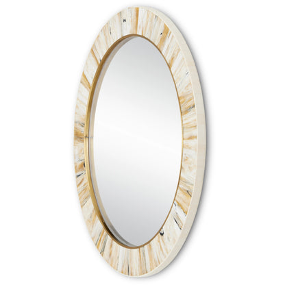 Niva Round Wall Mirror by Currey and Company in cream, brass, mirror. Made from composite, brass, glass, engineered hardwood in a modern style.