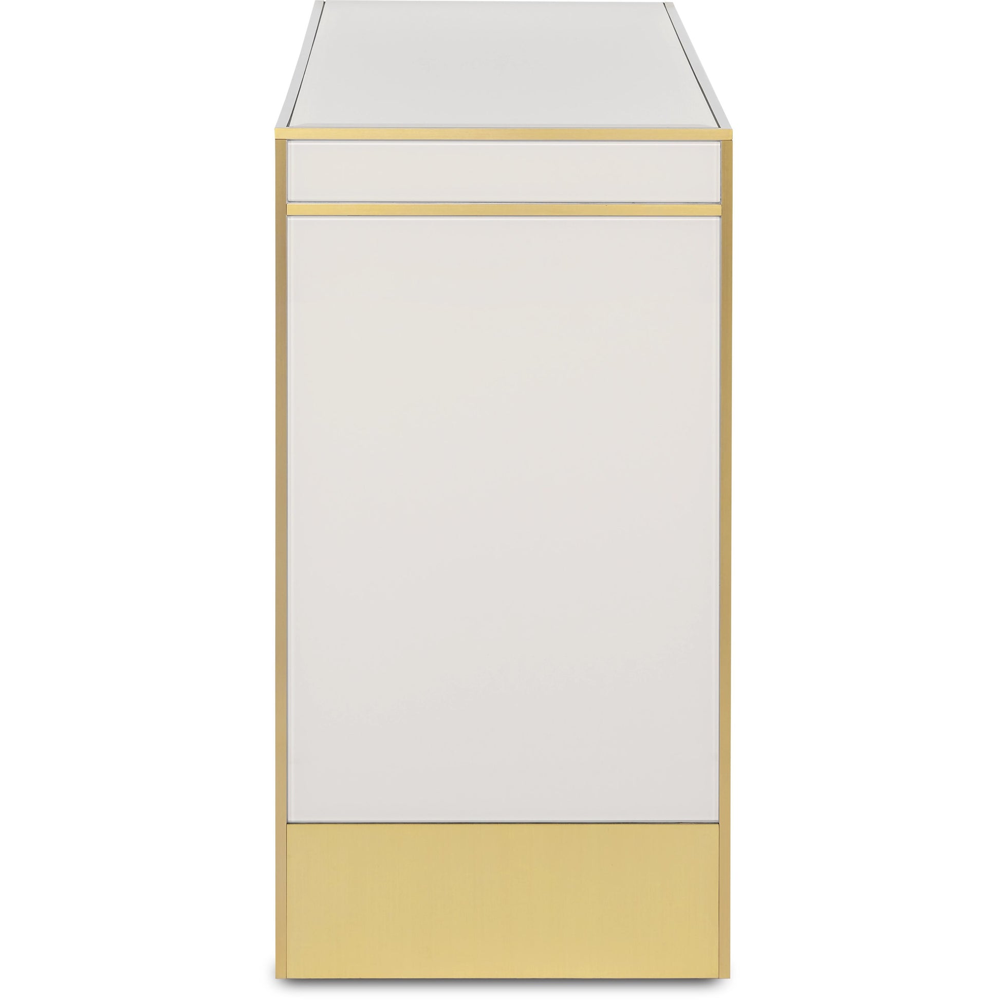 Arden Console Table by Currey and Company in ivory, satin brass. Made from reverse painted glass, brass, solid hardwood in a modern style.