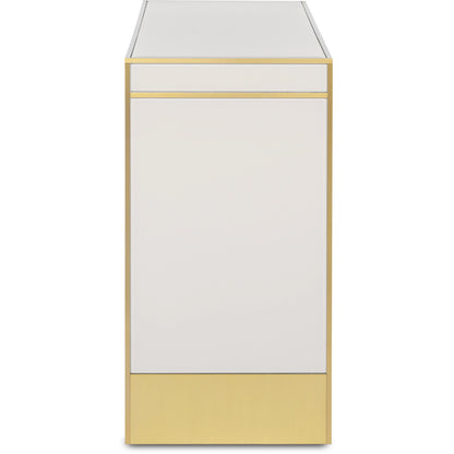 Arden Console Table by Currey and Company in ivory, satin brass. Made from reverse painted glass, brass, solid hardwood in a modern style.