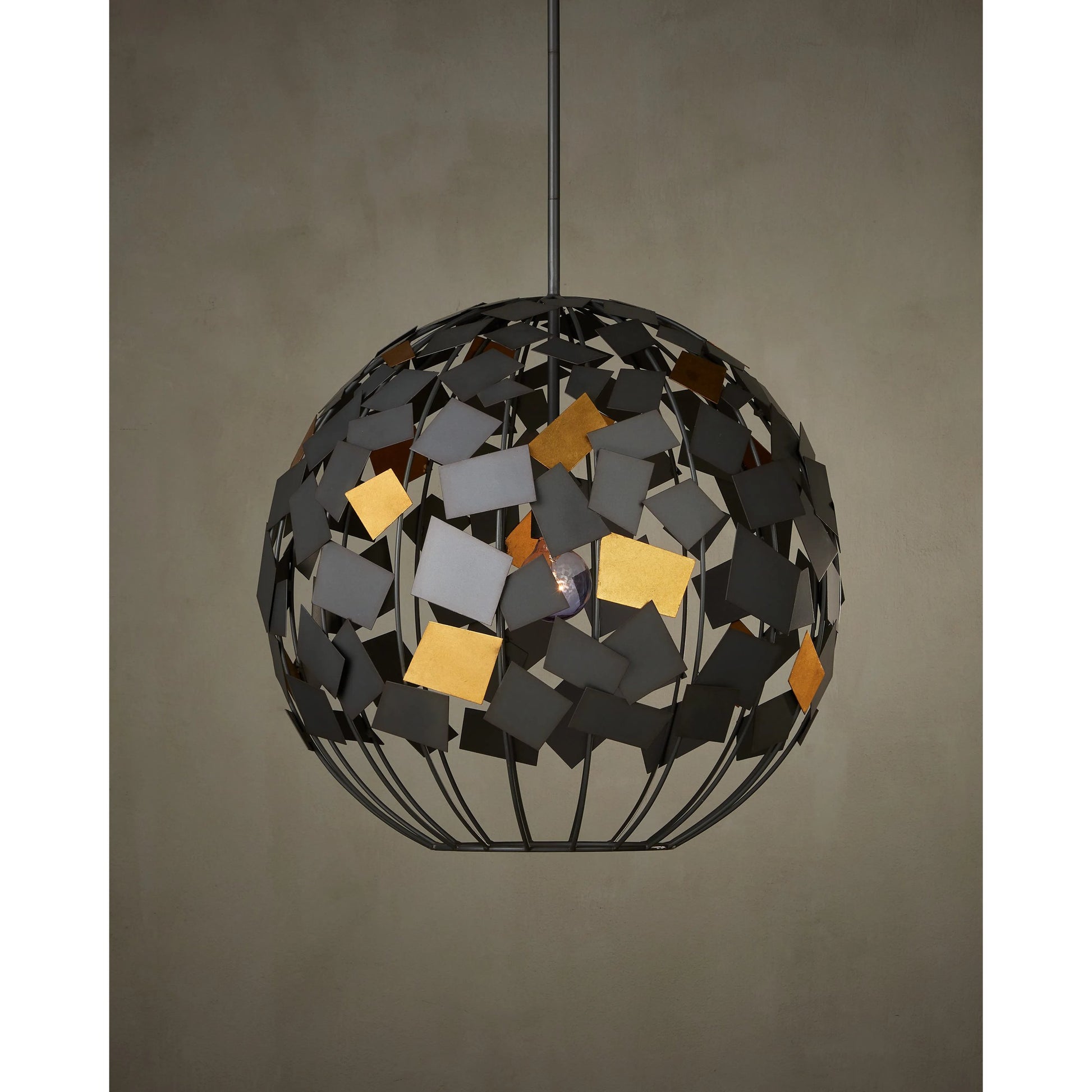 Moon Night Orb Chandelier by Currey and Company in hiroshi gray, contemporary gold leaf. Made from wrought iron in a modern style.