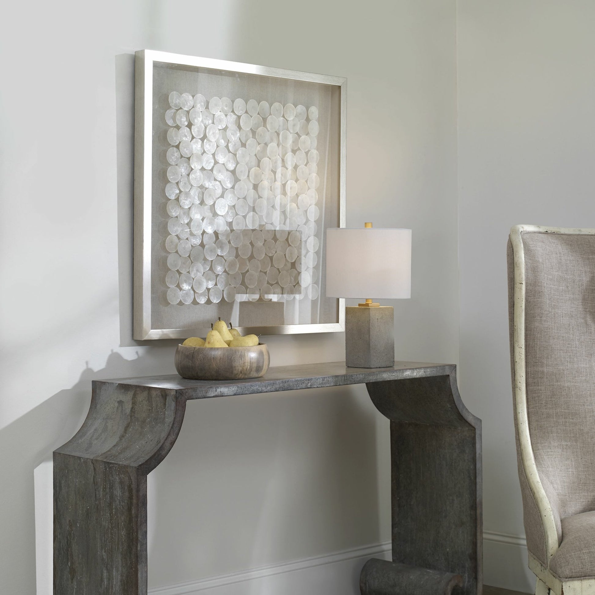 Roxas Shadow Box by Uttermost in brushed silver. Made from pine, shell, glass, linen, velvet in a unique style.