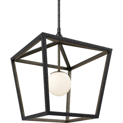 Denison Outdoor Lantern by Currey and Company in black, frosted white. Made from wrought iron, glass in a modern style.