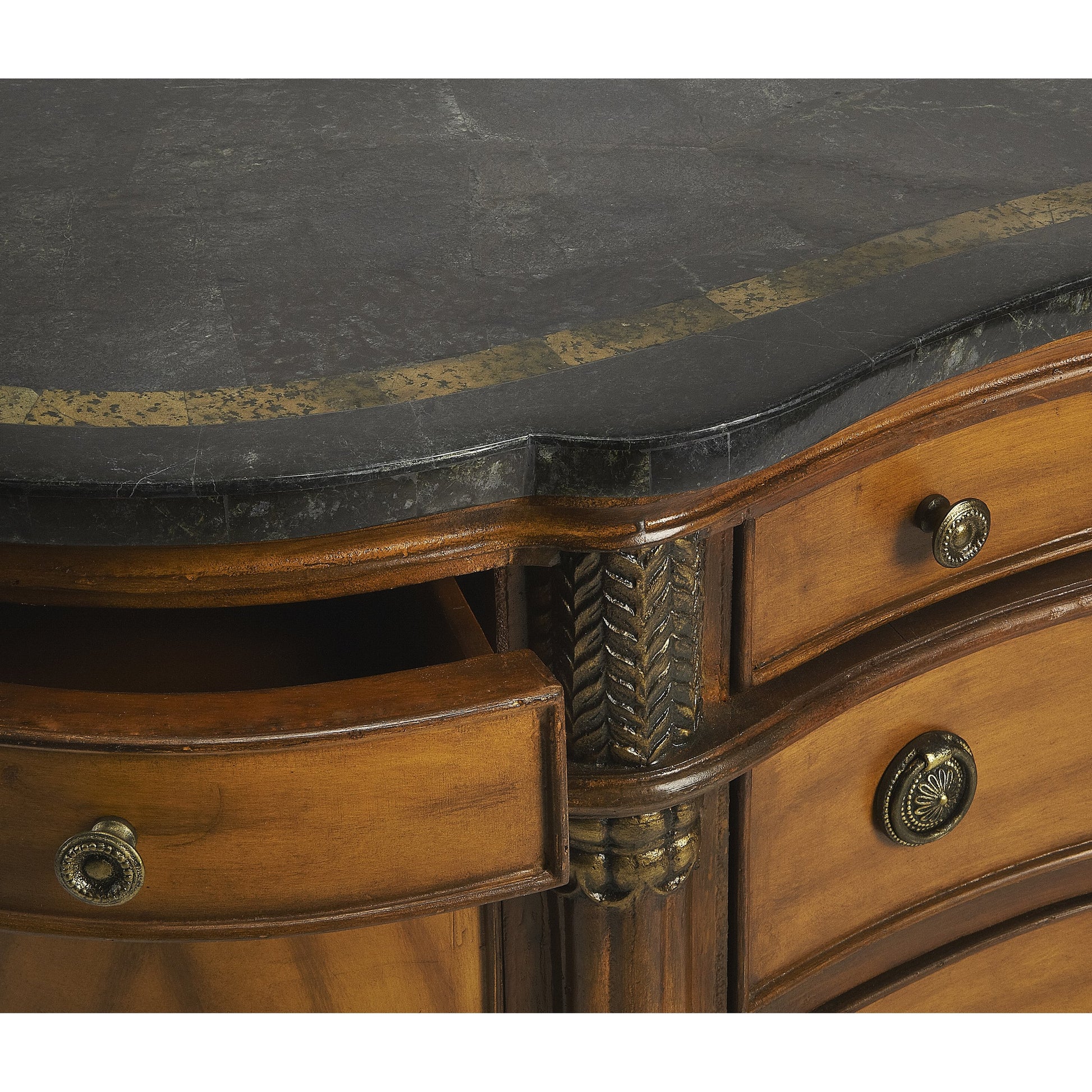 Fossil Stone Credenza by Butler Specialty Company in multi-color and heritage. Made from wood, resin, veneer, fossil stone veneer in a traditional style.