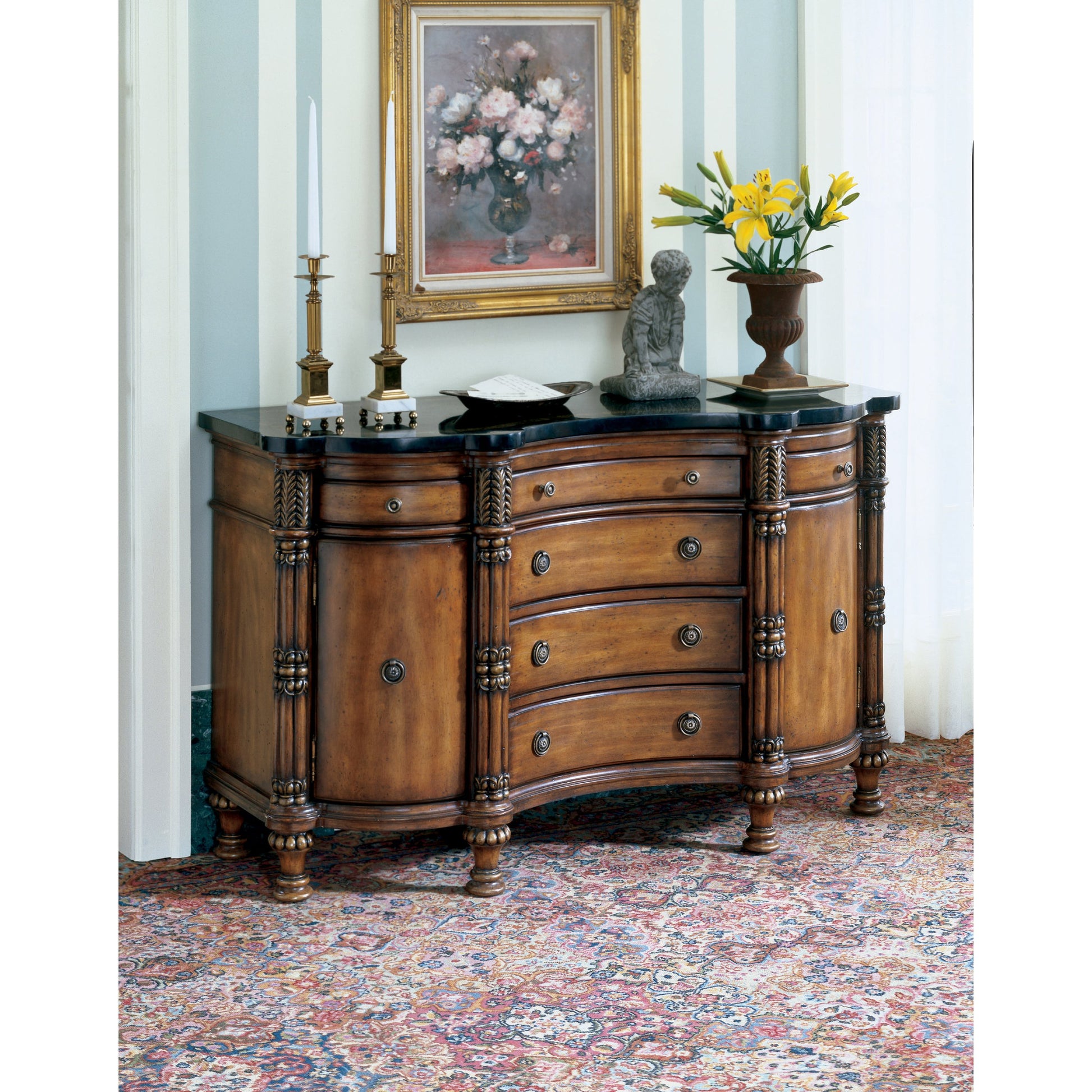 Fossil Stone Credenza by Butler Specialty Company in multi-color and heritage. Made from wood, resin, veneer, fossil stone veneer in a traditional style.