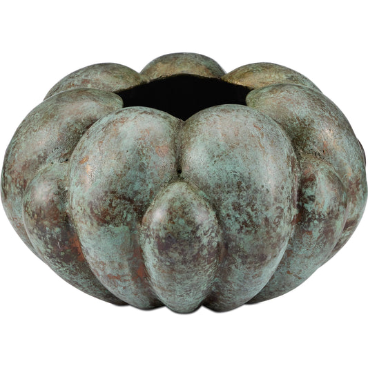 Rotterdam Bowl by Currey and Company in verdigris. Made from cast aluminum in a unique style.