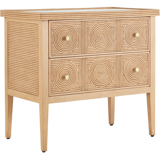 Santos 2-Drawer Chest by Currey and Company. Made from mahogany, rattan, brass, glass in a transitional style.
