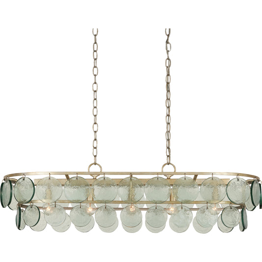 Settat Chandelier by Currey and Company in silver leaf, clear. Made from wrought iron, recycled glass in a transitional style.