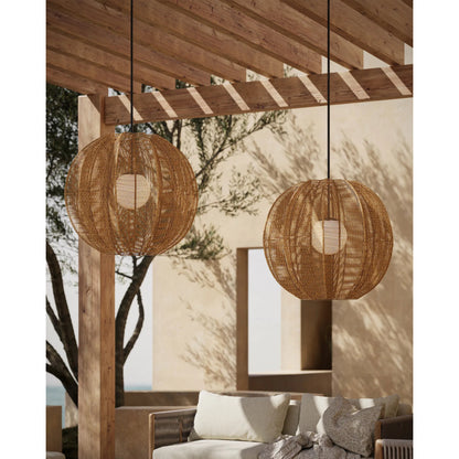 Barbary Fluted Outdoor Pendant by Currey and Company in natural, black, frosted white. Made from all-weather wicker, metal, glass in a rustic style.