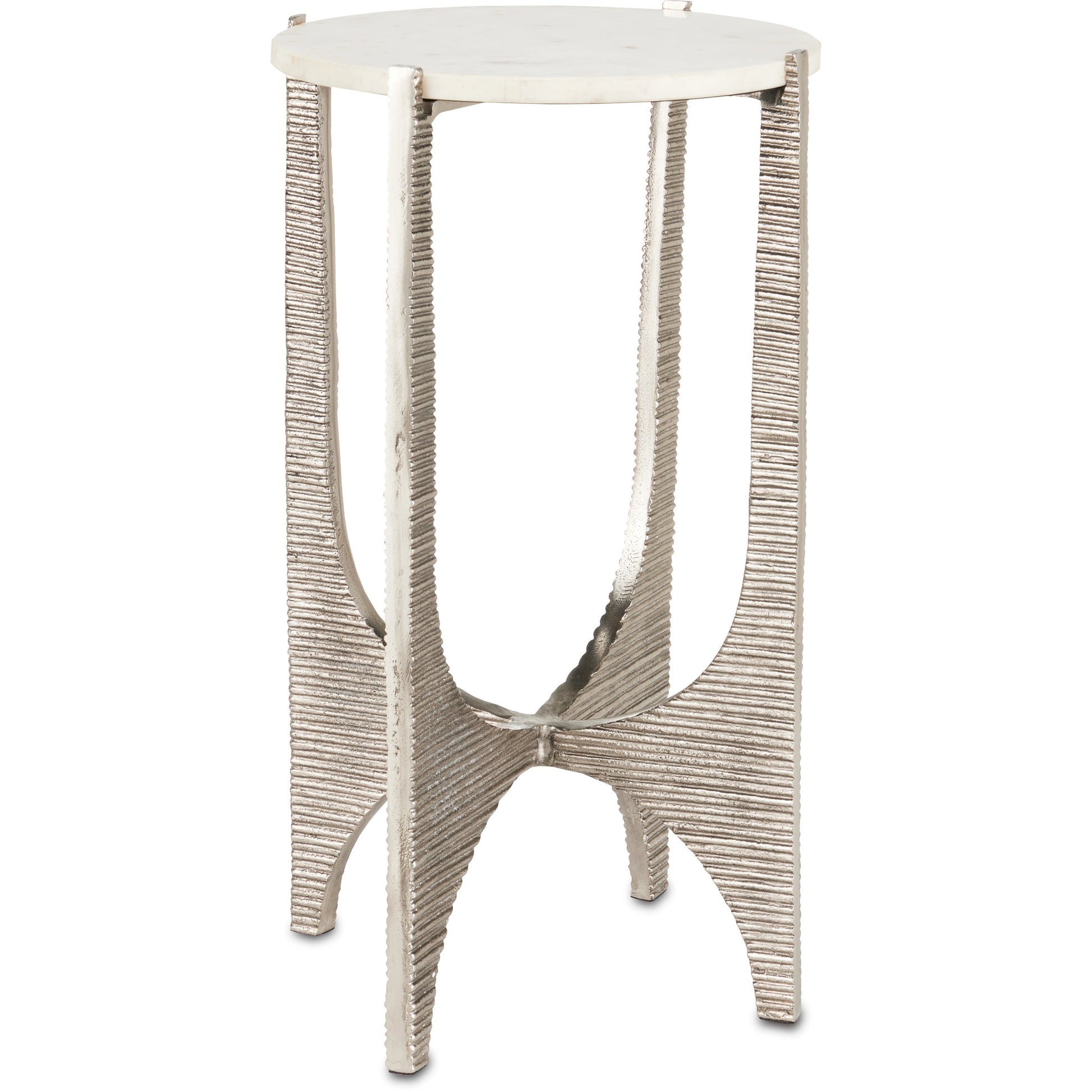 Micha Accent Table by Currey and Company in antique nickel, white. Made from cast aluminum, marble in a modern style.