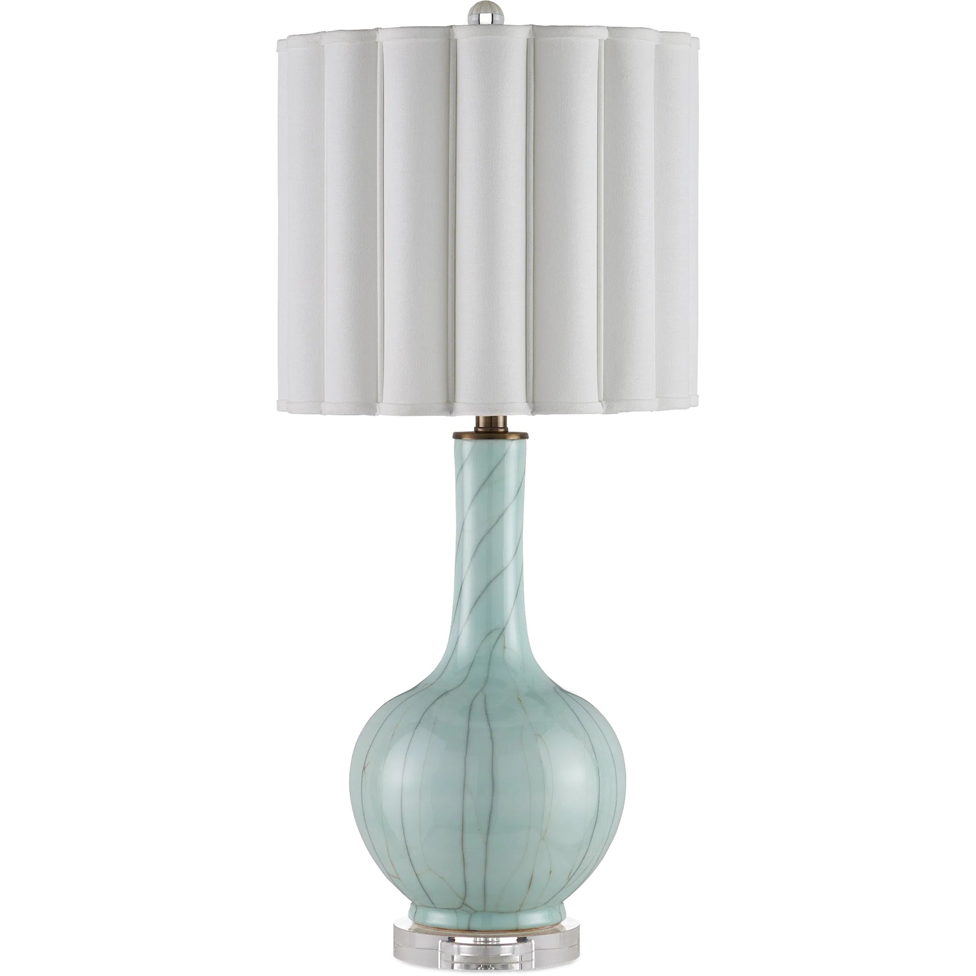 Celadon Crackle Table Lamp by Currey and Company in celadon crackle, clear, antique brass. Made from porcelain, optic crystal, metal in a modern style.